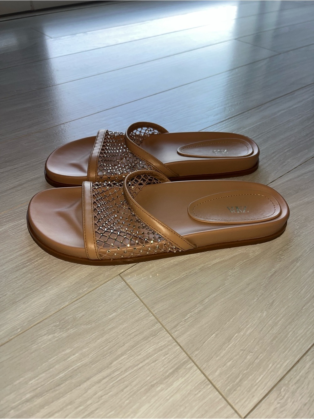 Zara Rhinestone Mesh Flat Slide Sandals Light Beige Size 39 - Picture 3 of 7